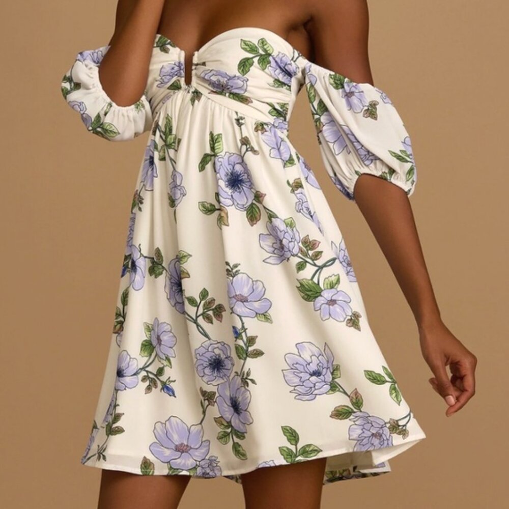 NWT • Lulus • My Dream Date Ivory Floral Print Off-the-Shoulder • Size Small